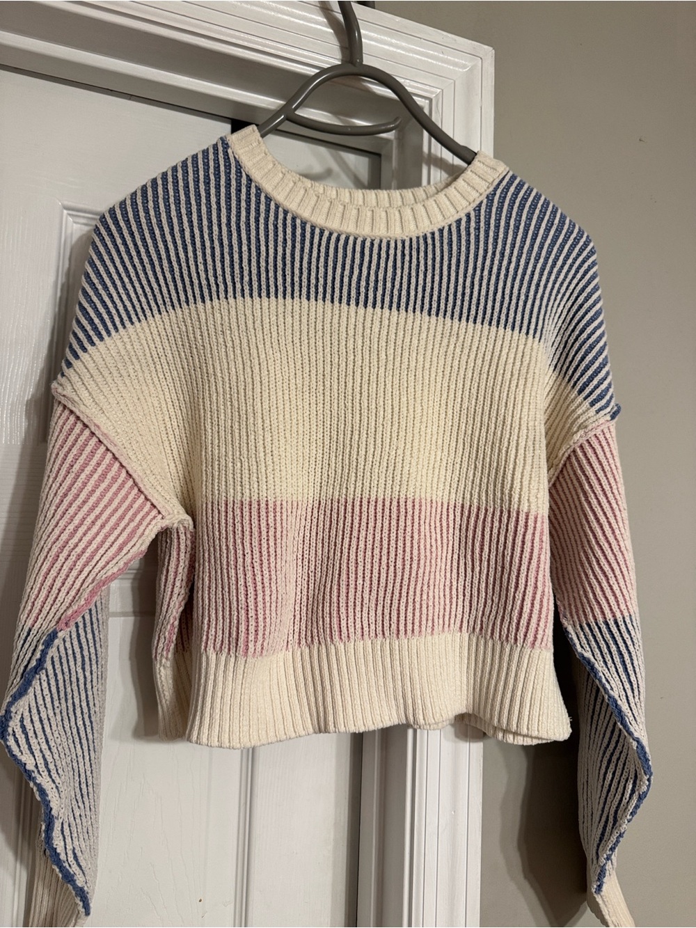 Altar’d State Striped Crewneck Cropped Sweater in Cream, Blue & Pink